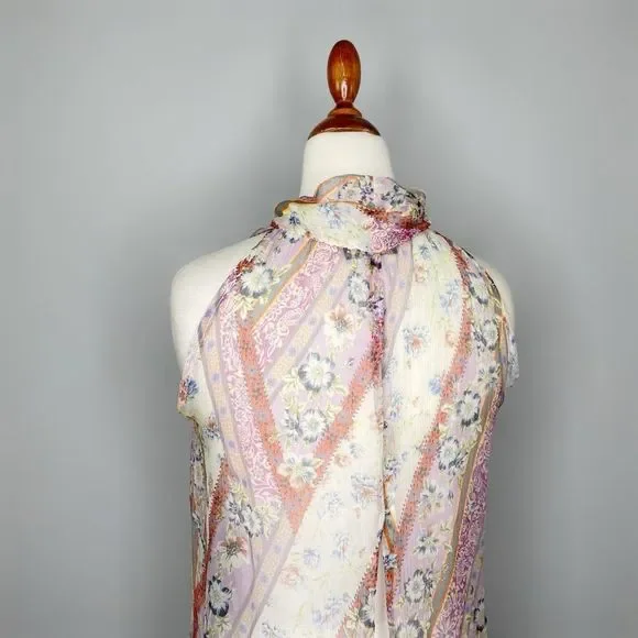 DREW Silk chiffon Multicolor Paisley Pussy Bow Tie Neck Snap Back Tank Size XS - Picture 8 of 10